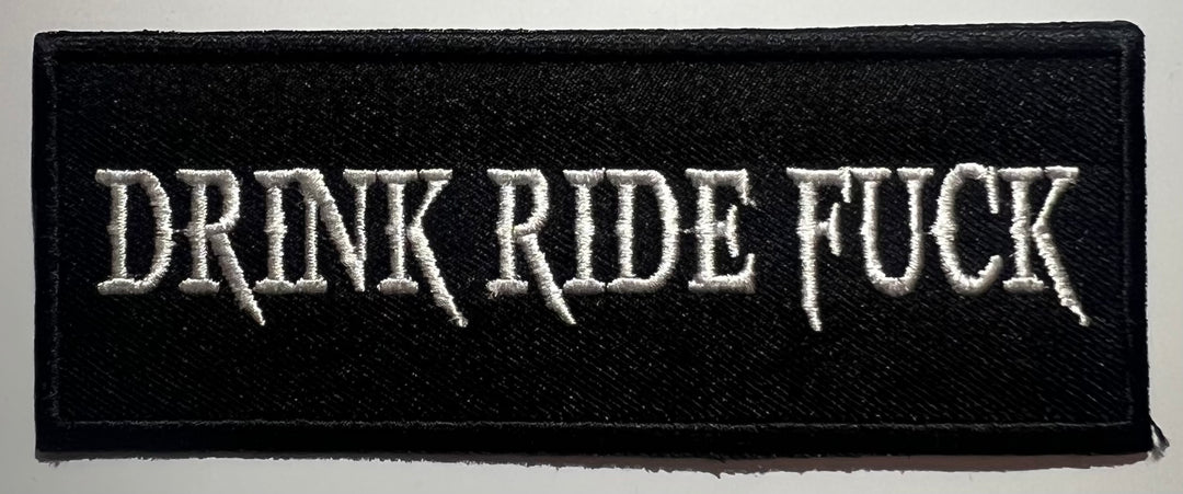 Casual motorcycle gear with Drink Ride F@$k patch, including motocross and Harley Davidson apparel for men and women