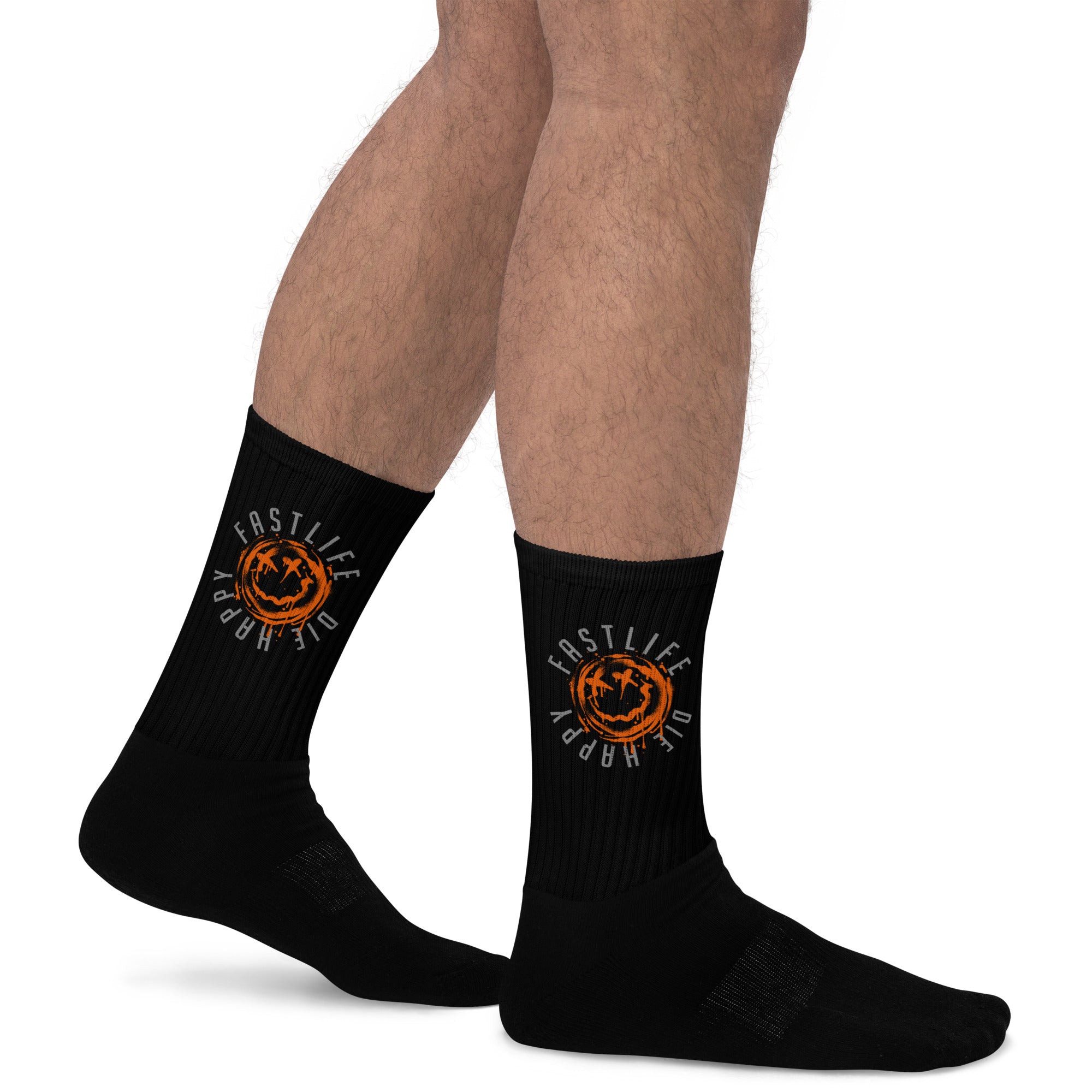 Assorted casual motorcycle gear and apparel including motocross, Harley Davidson, and outlaw biker clothes with Fast Life Die Happy Smiley Sock1