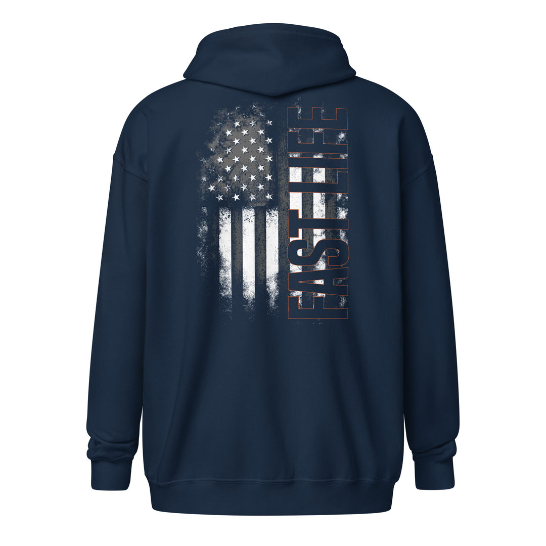 Fast Life Flag Zip Hoodie featuring casual motorcycle gear, motocross apparel, and Harley Davidson clothing for men and women3