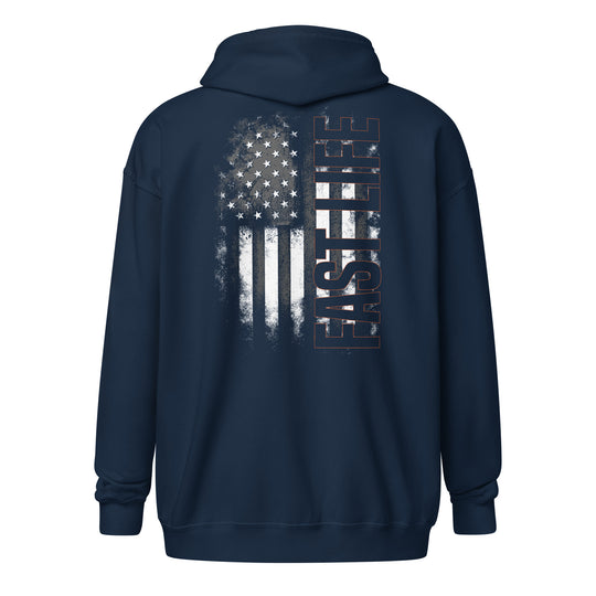 Fast Life Flag Zip Hoodie featuring casual motorcycle gear, motocross apparel, and Harley Davidson clothing for men and women3