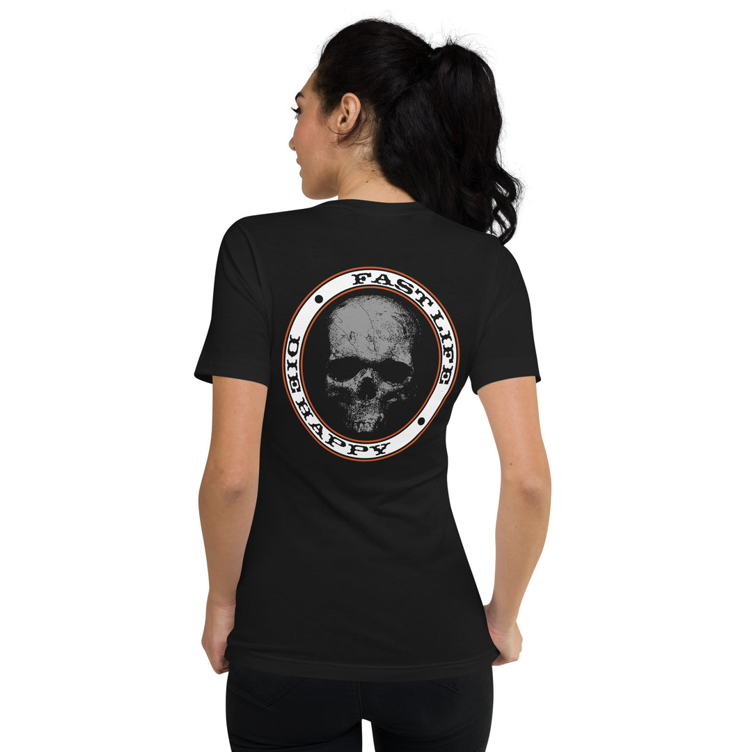 Women's Fast Life Die Happy Crest V-Neck casual motorcycle gear and Harley Davidson apparel2